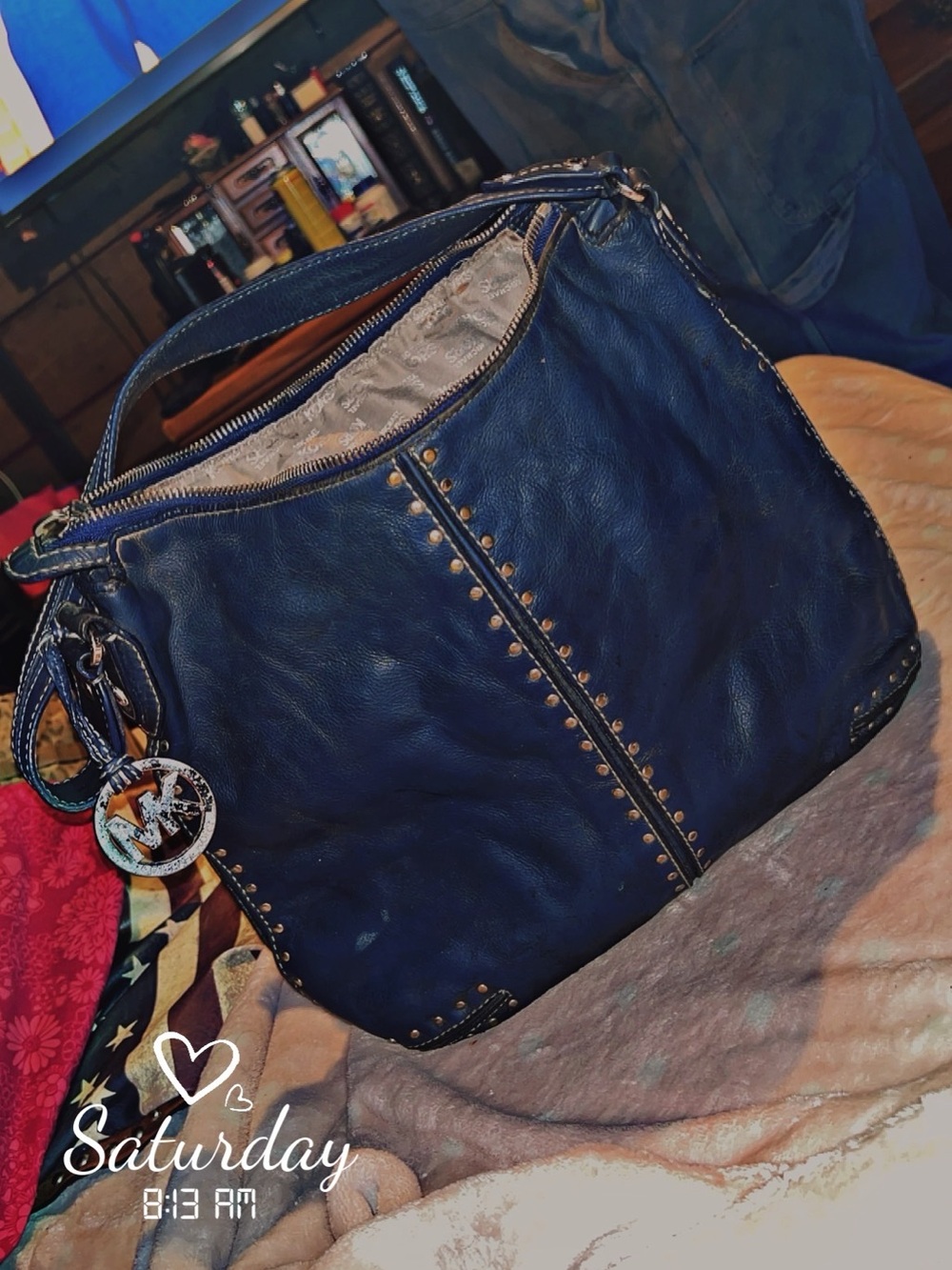 Michael Kors Navy Studded Leather Hobo Shoulder Bag
